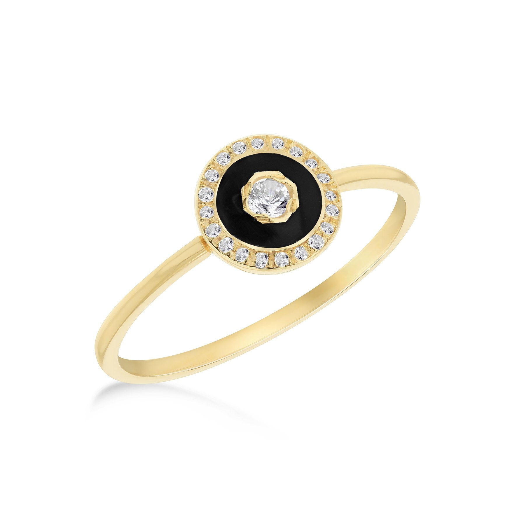 9ct Yellow Gold Round Black Enamel with Diamonds Ring