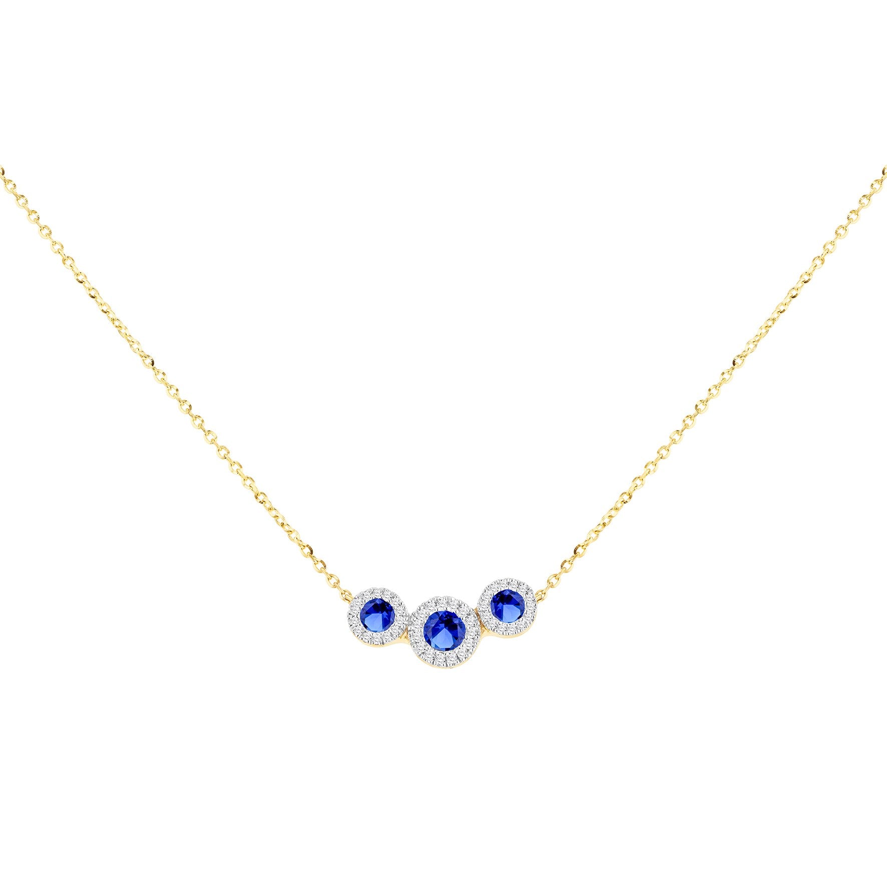 9ct Yellow Gold Created Sapphire and Diamond Halo Necklace