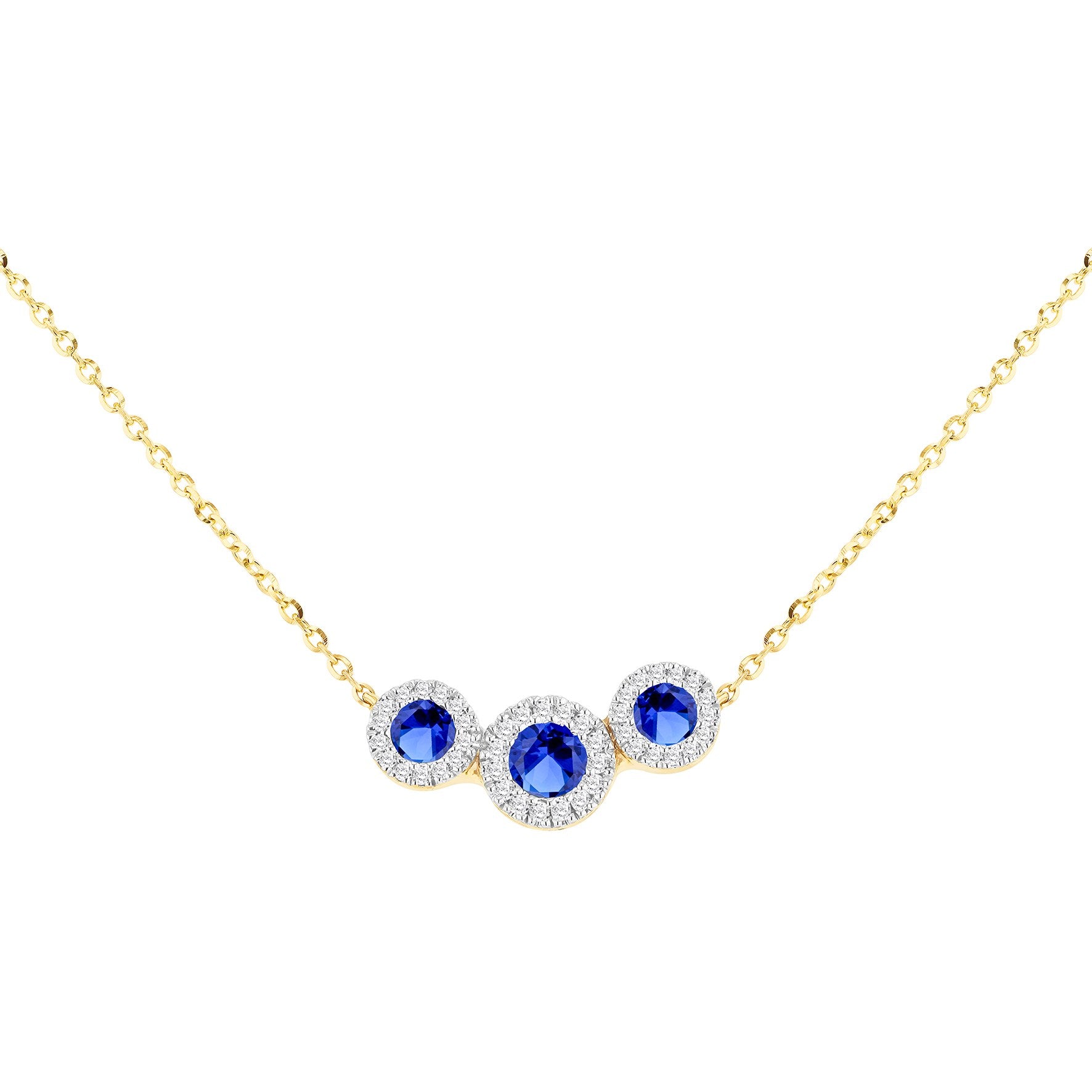 9ct Yellow Gold Created Sapphire and Diamond Halo Necklace