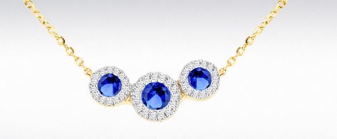 9ct Yellow Gold Created Sapphire and Diamond Halo Necklace