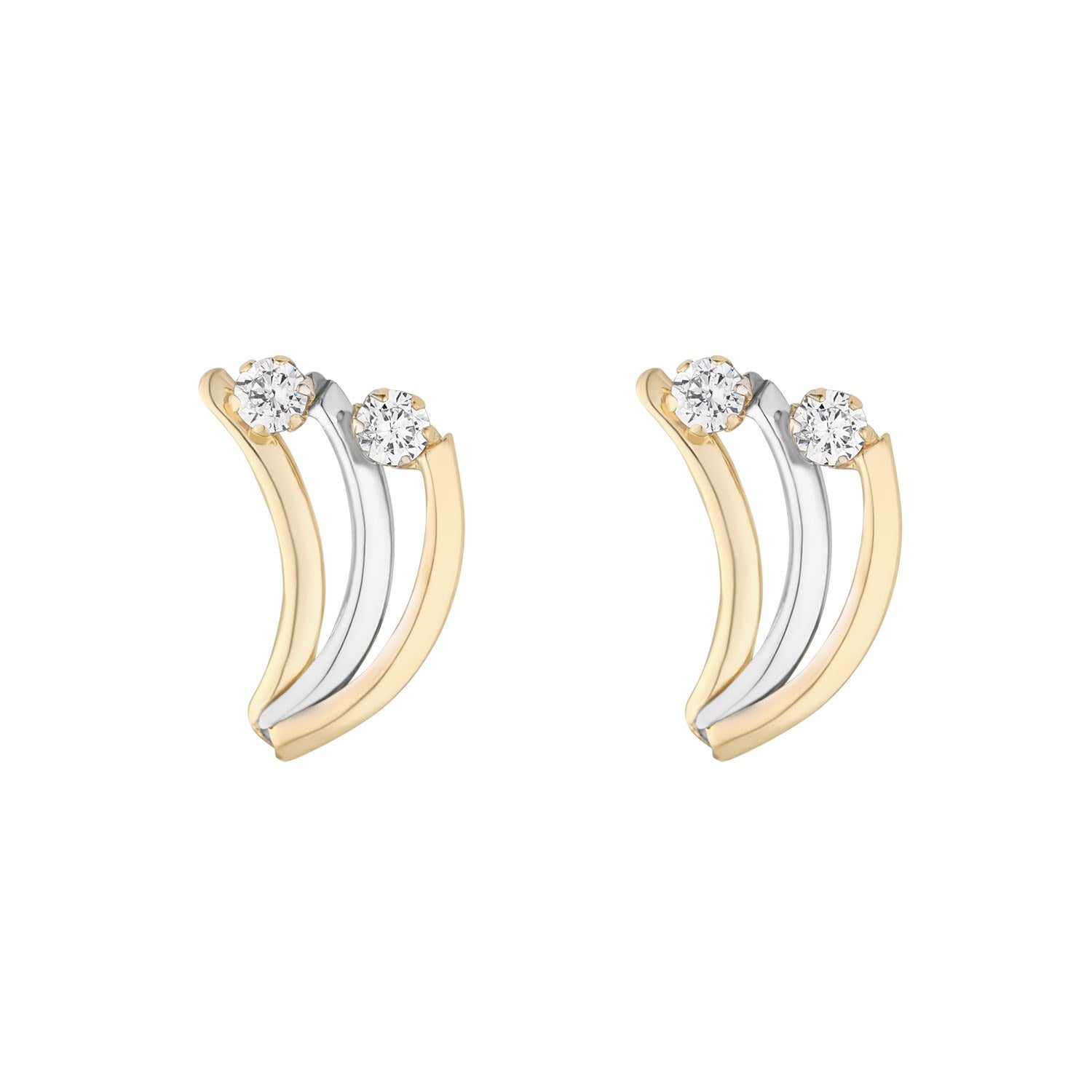 9ct Yellow and White Gold Double CZ Fan Stud Earrings