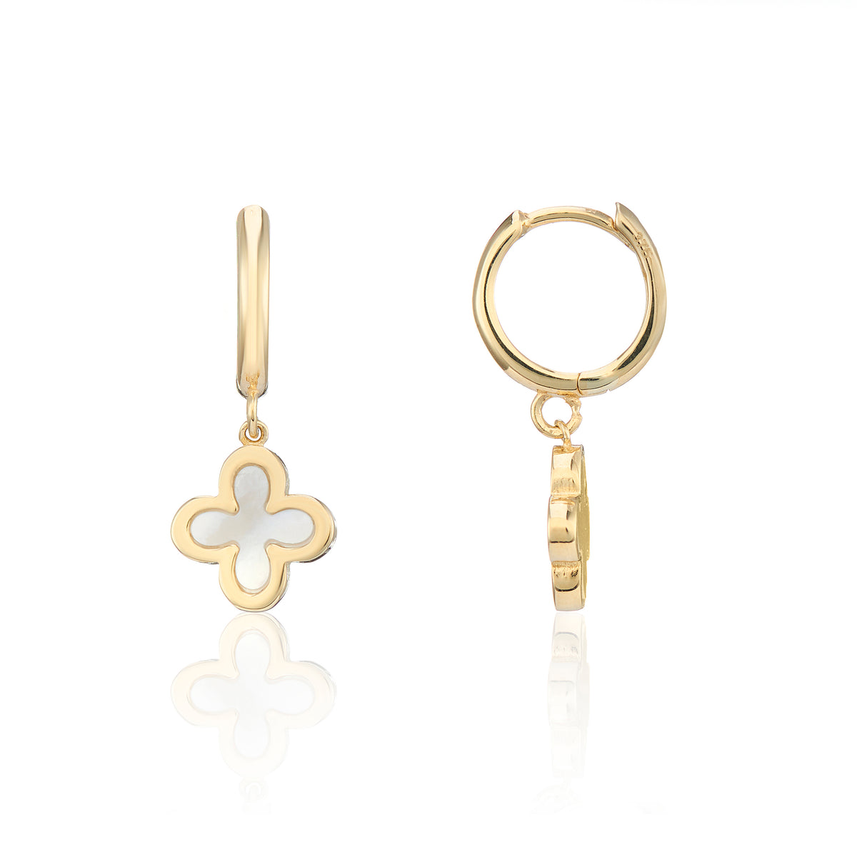 9ct Yellow Gold Mother of Pearl Floral Drop Hoop Earrings