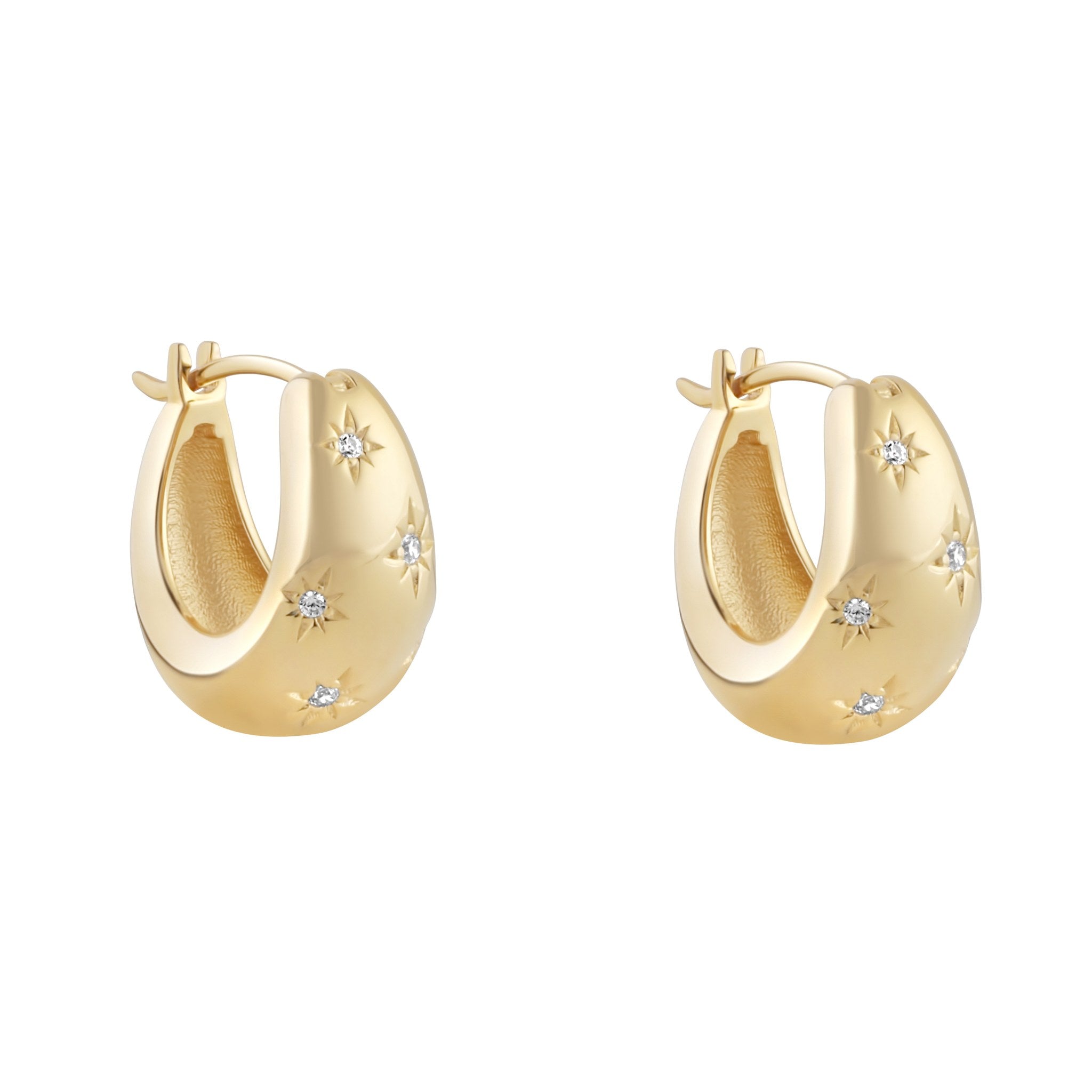 Sterling Silver Yellow Gold Plated 5 Cubic Zirconia Star Chunky Domed Hoop Earrings 10x15mm