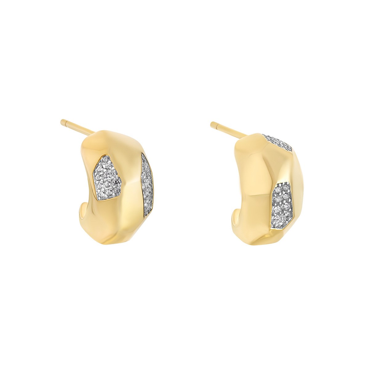 Sterling Silver Yellow Gold Plated Cubic Zirconia Set Geometric Domed Hoop Earrings