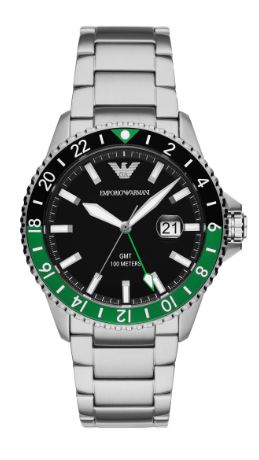 Armani Gents Diver Watch Stainless Steel Black Dial with Black & Green Bezel
