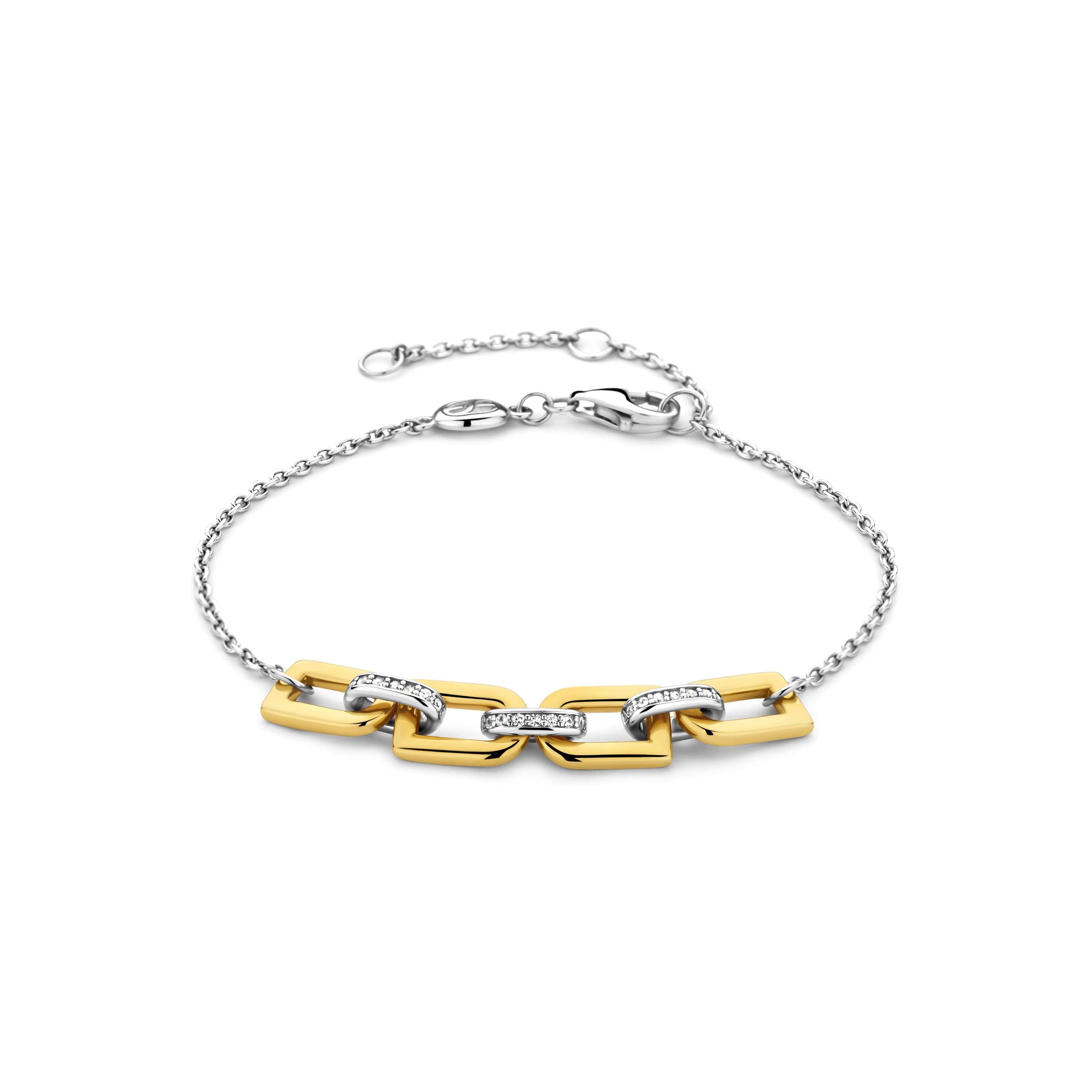Ti Sento Sterling Silver & Yellow Gold Plated Plain & Cubic Zirconia Links Bracelet 16-20cm