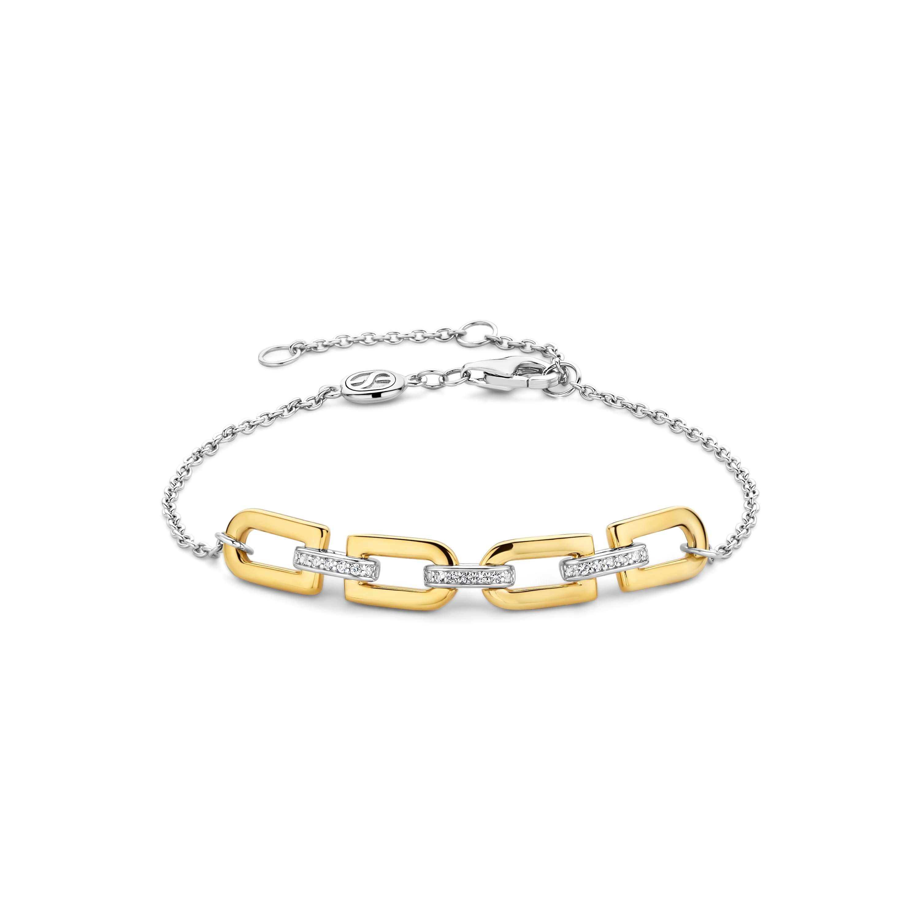 Ti Sento Sterling Silver & Yellow Gold Plated Plain & Cubic Zirconia Links Bracelet 16-20cm