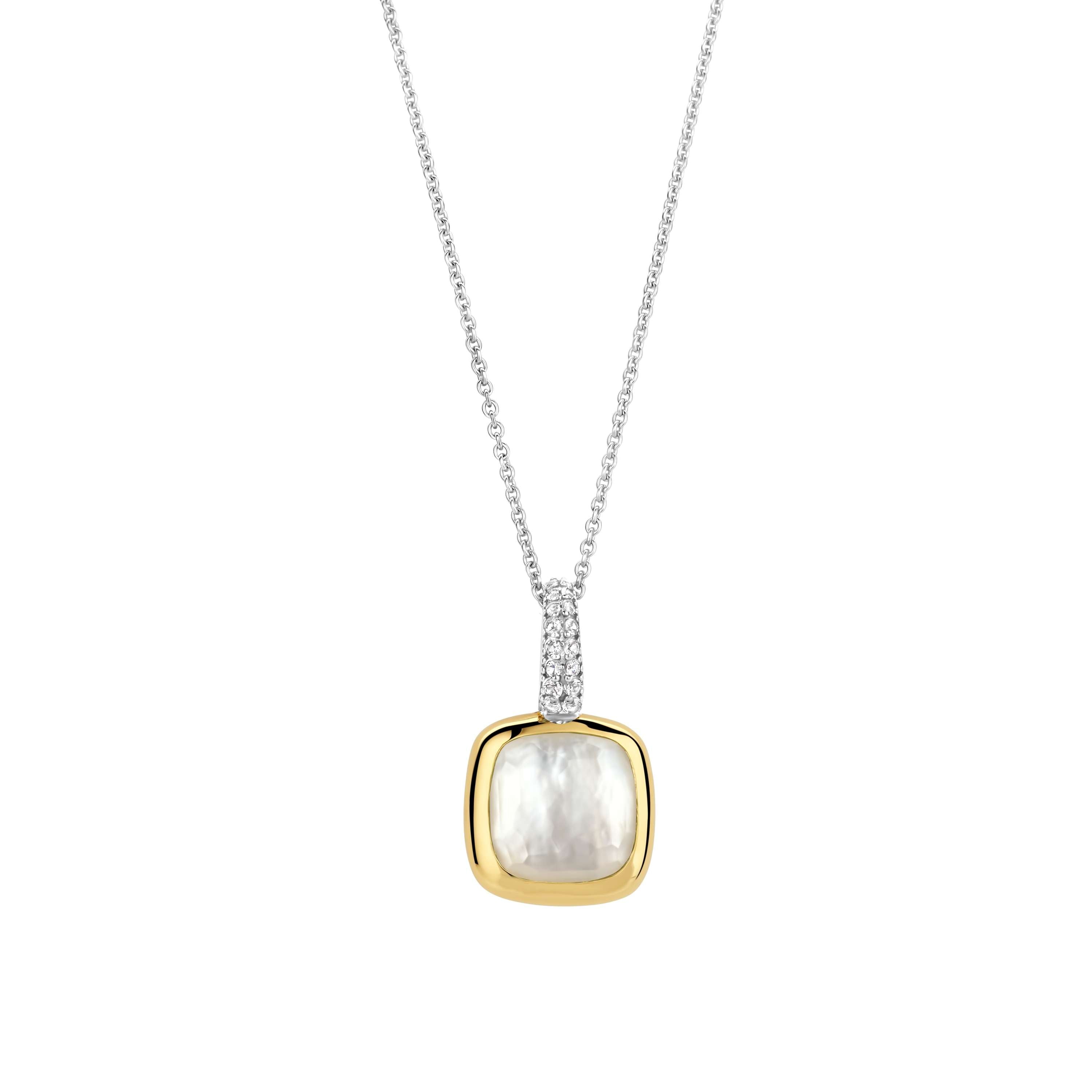 Ti Sento Sterling Silver & Yellow Gold Plated Mother of Pearl Cushion Shape Pendant with Cubic Zirconia 45cm