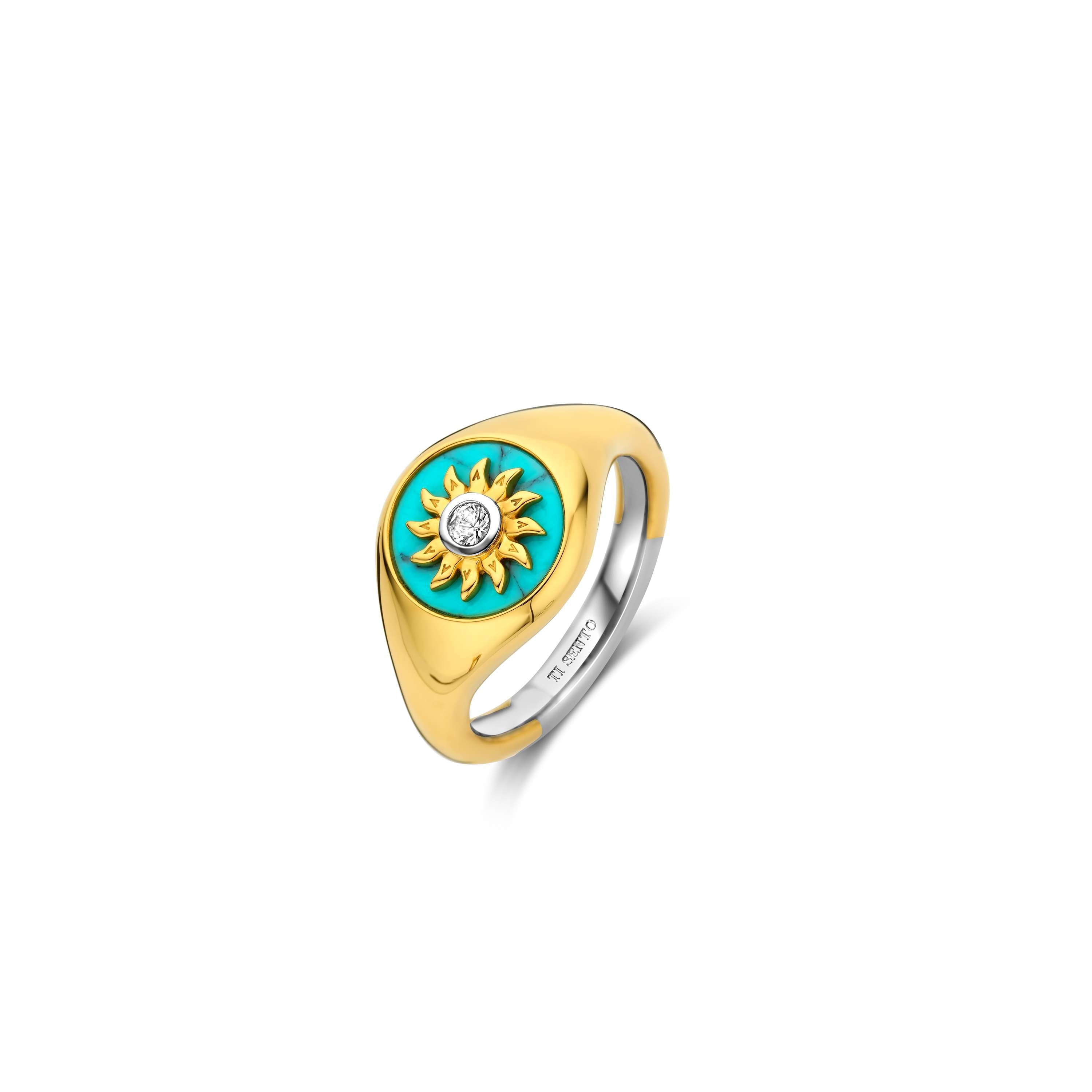 Ti Sento Sterling Silver & Yellow Gold Plated Cubic Zirconia Sun Turquise Signet Ring (Size 56)