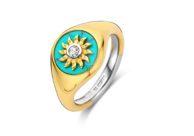 Ti Sento Sun Signet Ring - Cubic Zirconia & Turquoise, Silver & Gold, Size 56