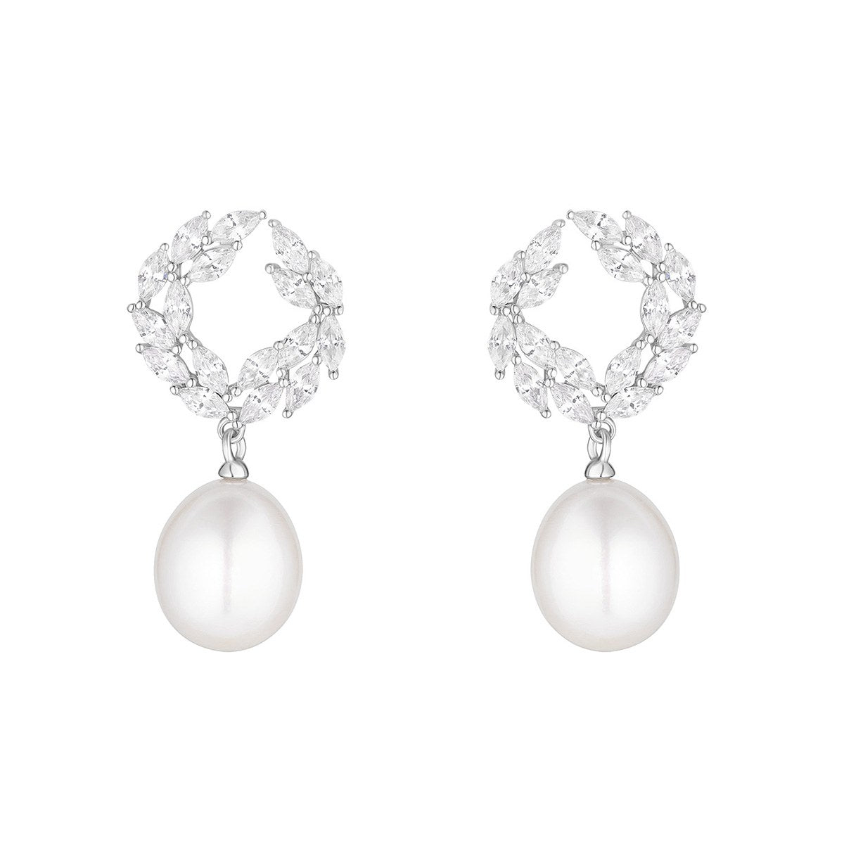Sterling Silver Cubic Zirconia Cluster & Fresh Water Pearl Drop Earrings