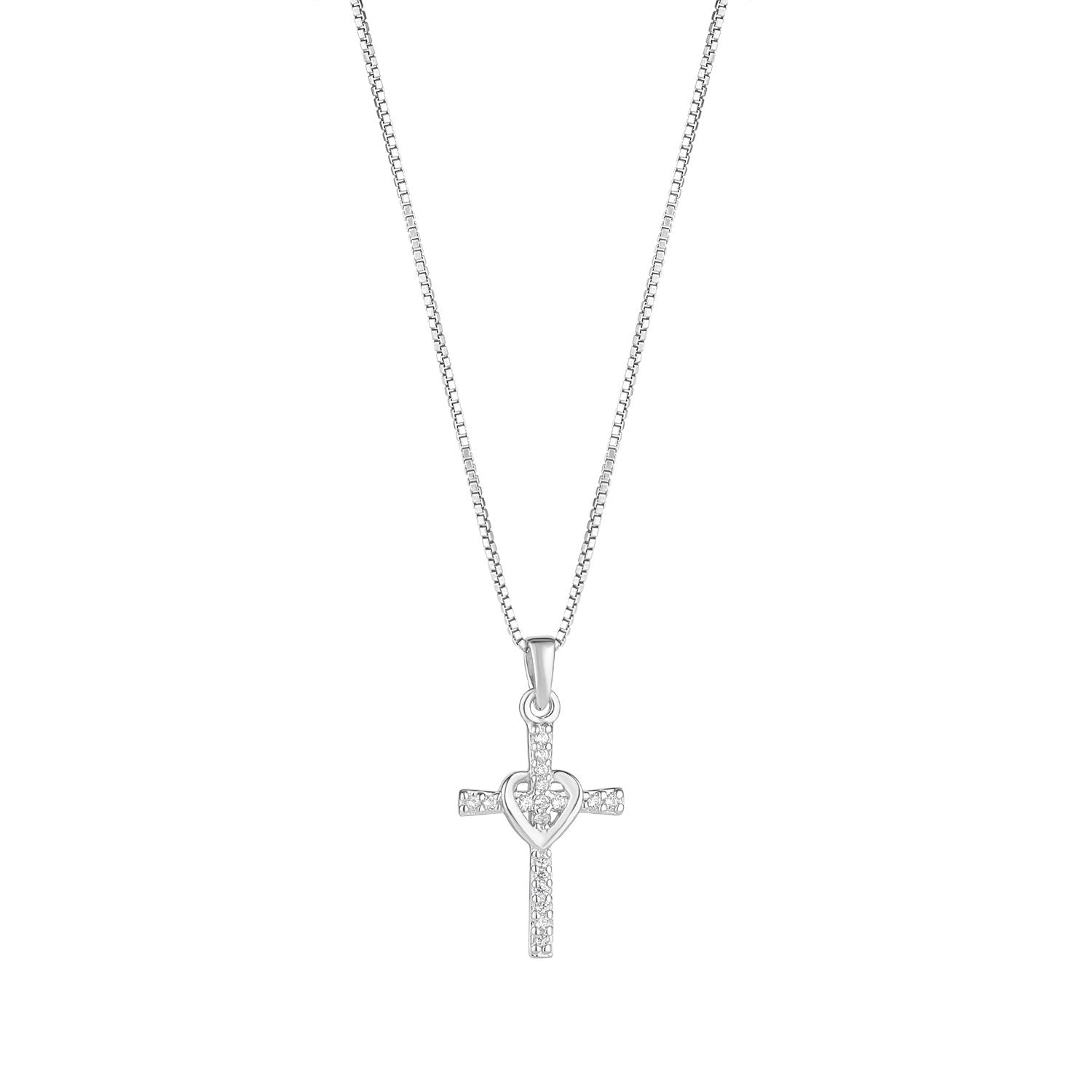 Sterling Silver Cubic Zirconia Heart Cross Pendant 16-18'