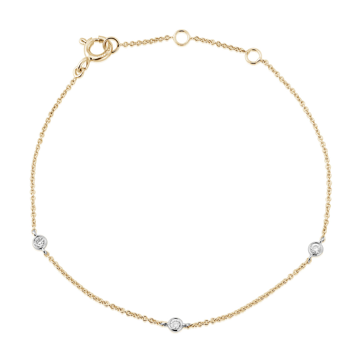 9ct Yellow Gold Bracelet with Three Diamonds Set in White Gold 0.09ct 6-7 Inch
