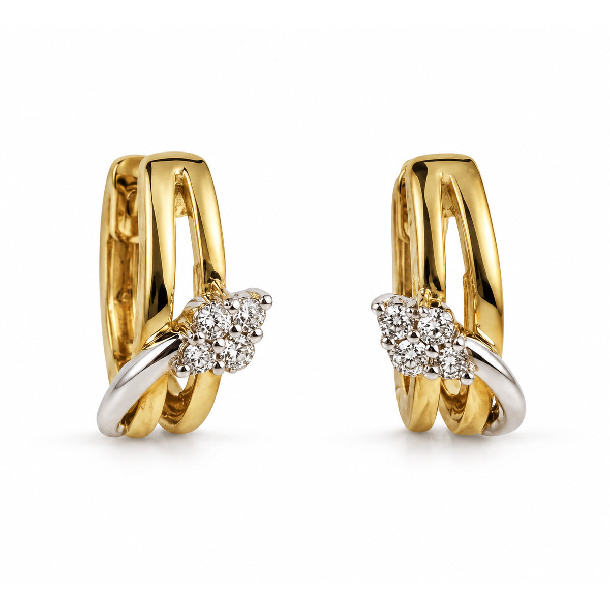 9ct Yellow & White Gold Double Row Diamond Crossover Hoop Earrings