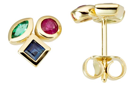 9ct Yellow Gold Emerald, Ruby And Sapphire Stud Earrings