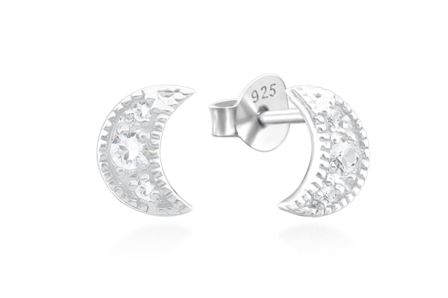 Sterling Silver Half Moon CZ Stud Earrings