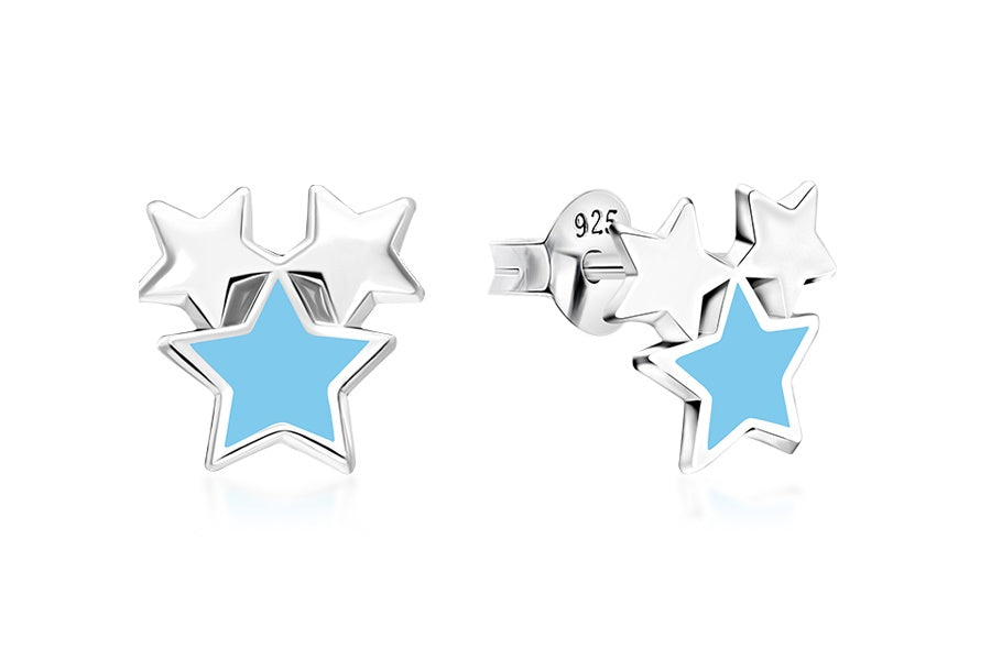 Sterling Silver Blue Triple Star Stud Earrings