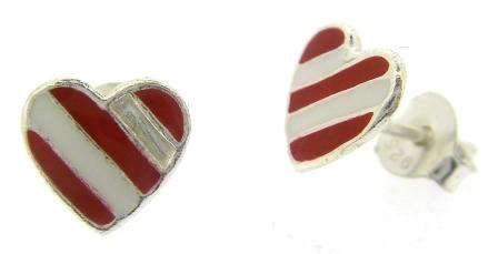 Sterling Silver Red And White Heart Stud Earrings