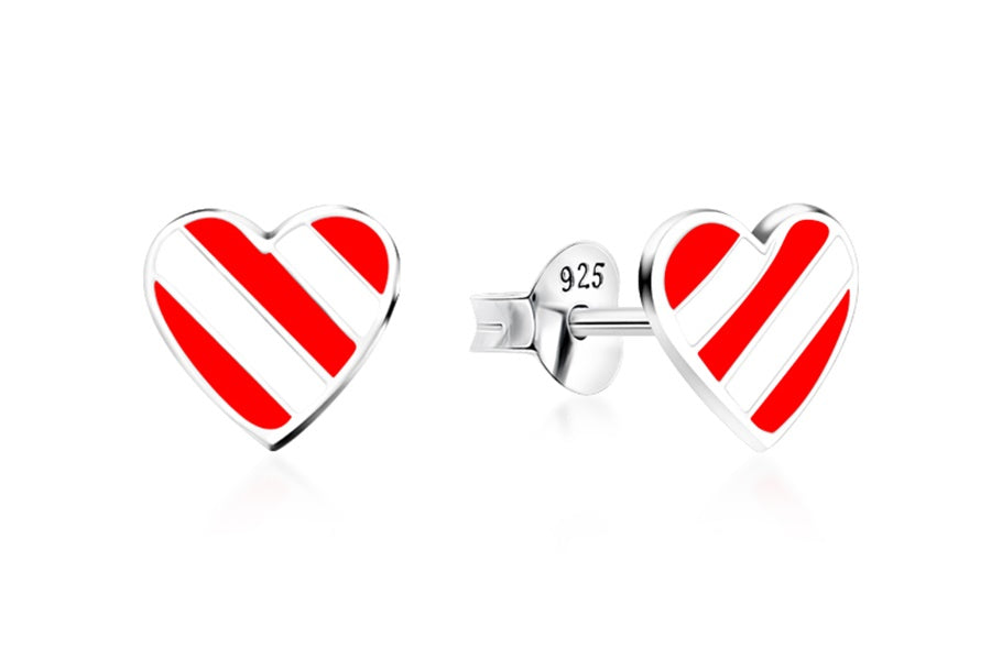 Sterling Silver Red And White Heart Stud Earrings