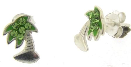 Sterling Silver Green CZ Palm Tree Stud Earrings