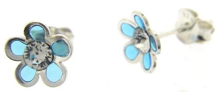 Sterling Silver CZ Blue Flower Stud Earrings