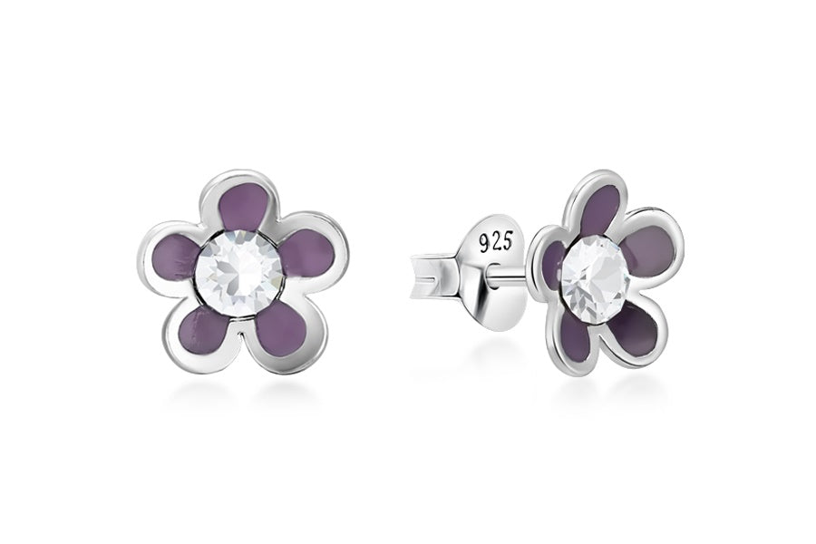 Sterling Silver Cubic Zirconia Blue Flower Stud Earrings