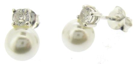 Sterling Silver CZ Synthetic Pearl Stud Earrings