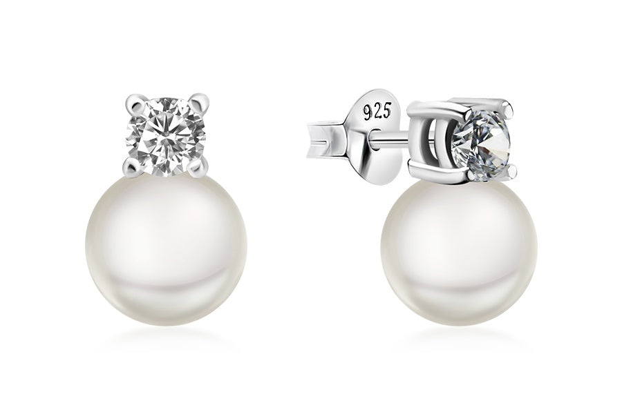 Sterling Silver CZ Synthetic Pearl Stud Earrings