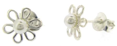 Sterling Silver Synthetic Pearl Flower Stud Earrings