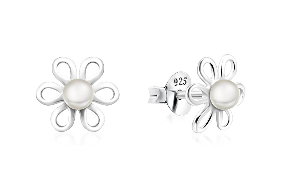 Sterling Silver Synthetic Pearl Flower Stud Earrings