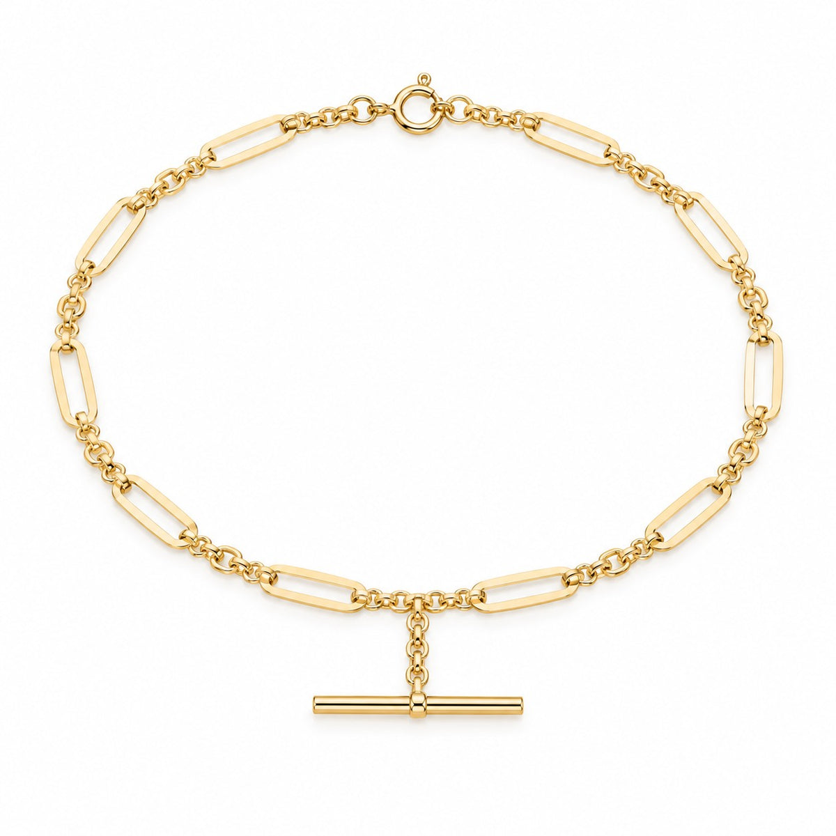 9ct Yellow Gold 1x5 Figaro Belcher Link T-Bar Bracelet 7.5 Inch