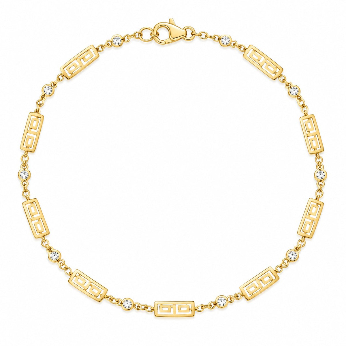 9ct Yellow Gold Greek Key Link Bracelet with Rubover Set Cubic Zirconia 7.5'