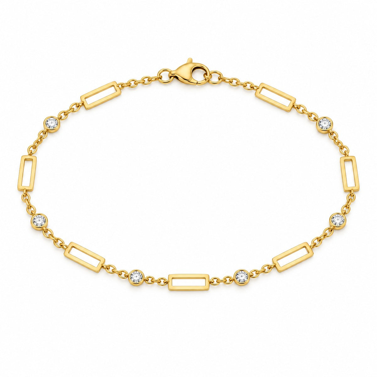 9ct Yellow Gold 7 Stone Rubover Cubic Zirconia and Open Rectangular Link Bracelet 7.75 Inch