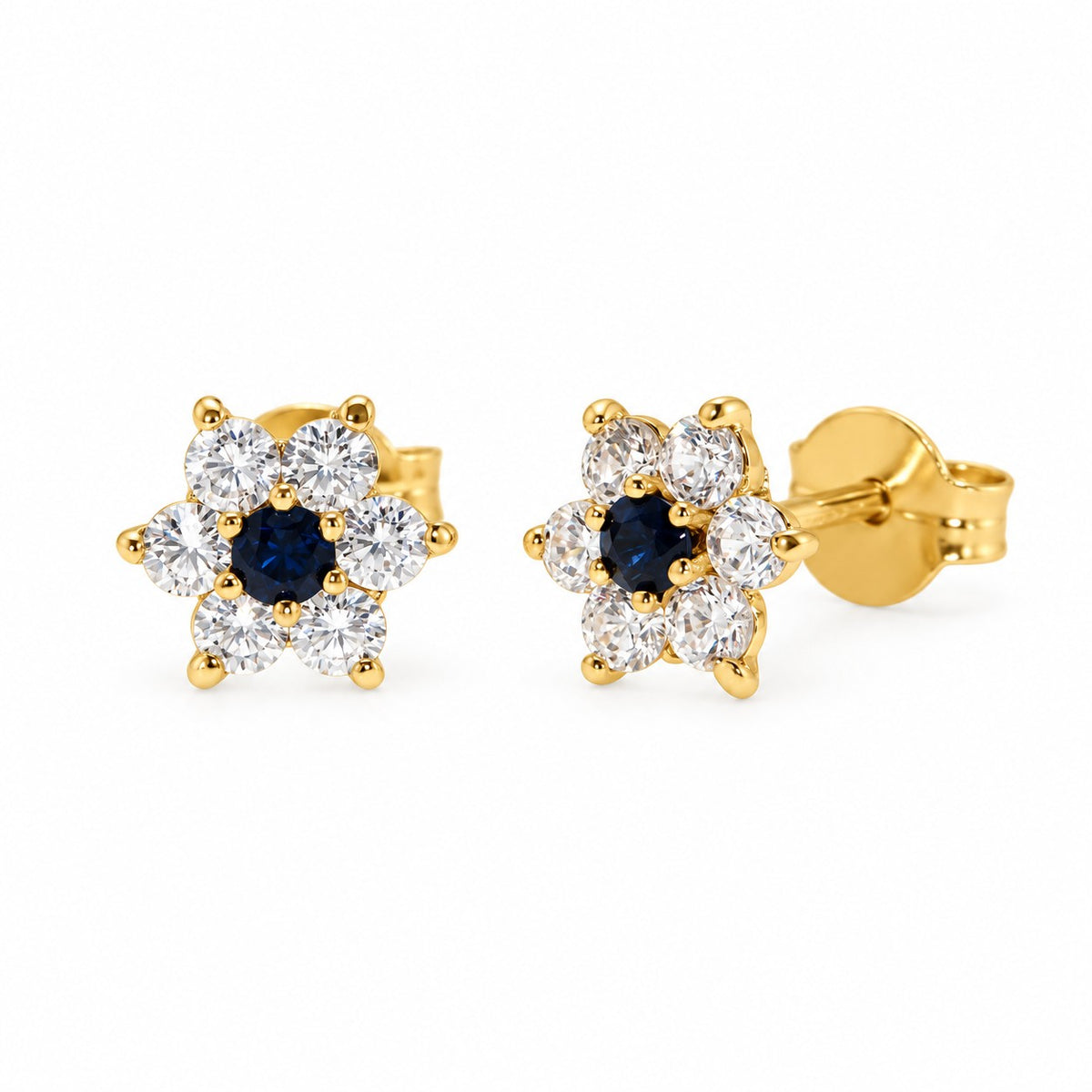 9ct Yellow Gold Created Sapphire & Cubic Zirconia Flower Stud Earrings