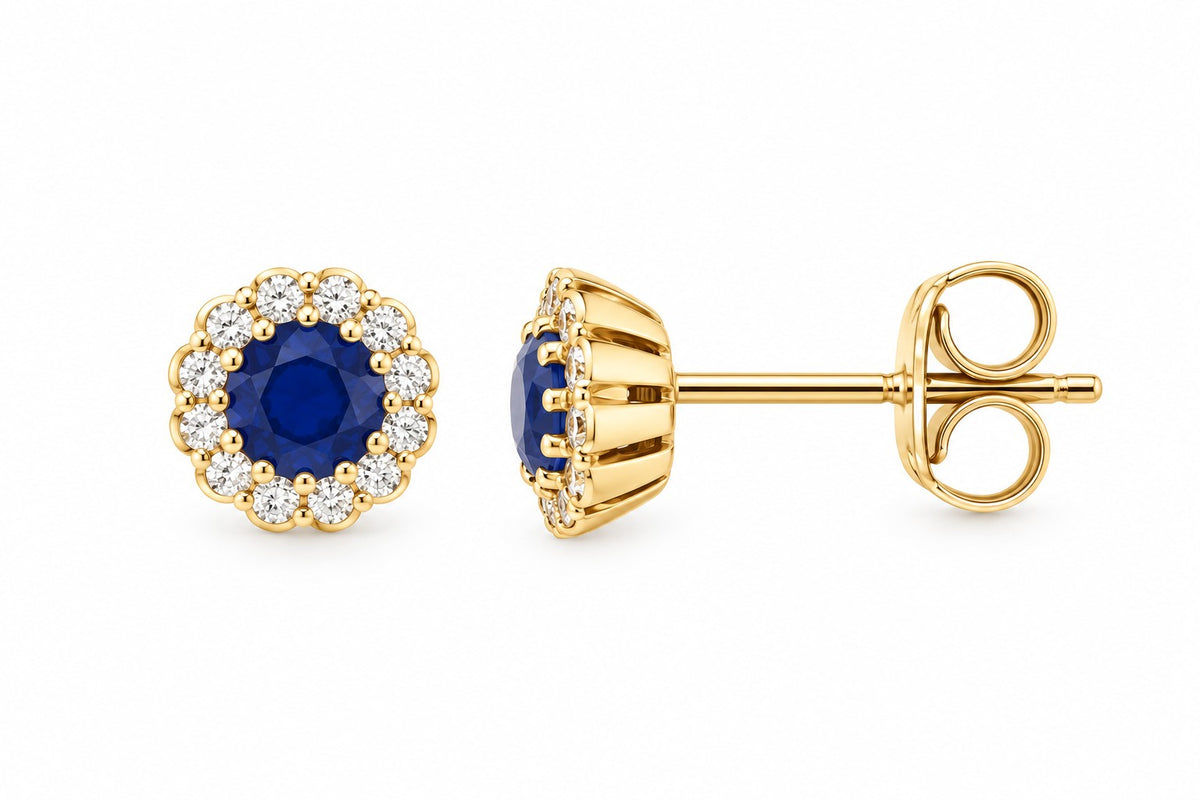 9ct Yellow Gold Created Sapphire & CZ Cluster Stud Earrings