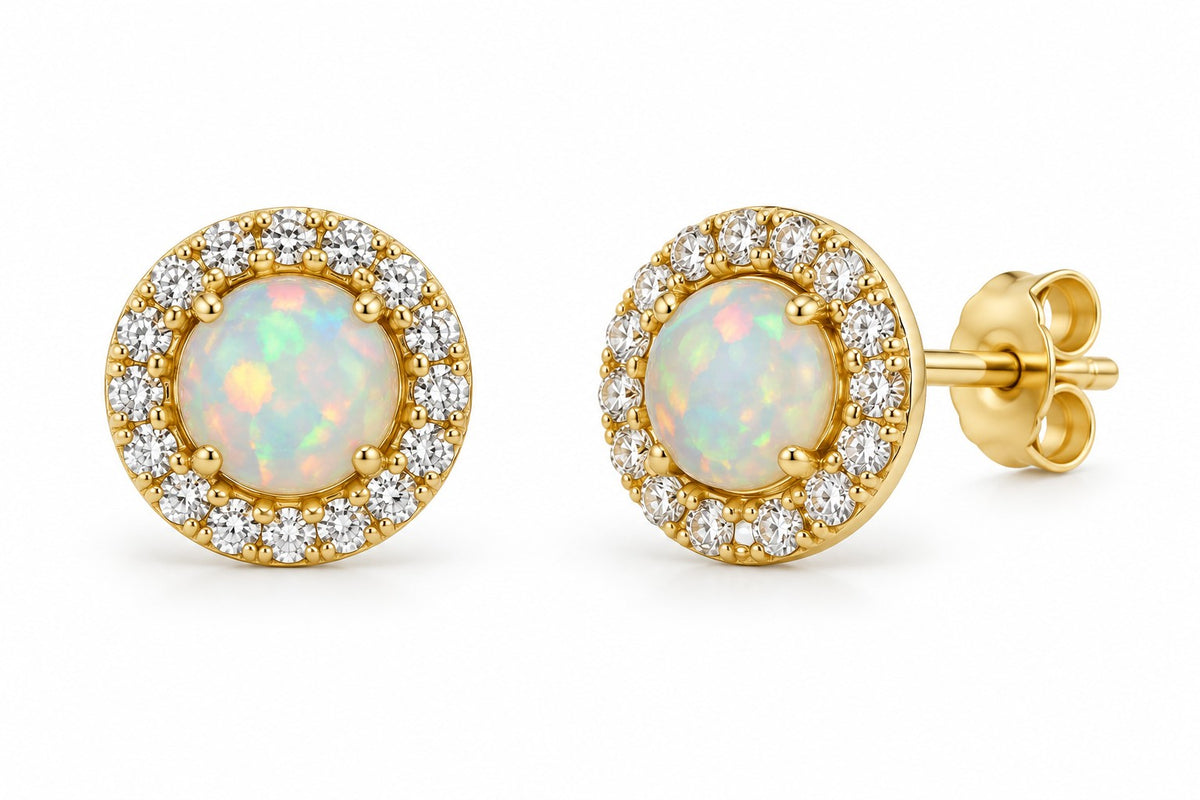 9ct Yellow Gold Created Opal and CZ Round Cluster Stud Earrings