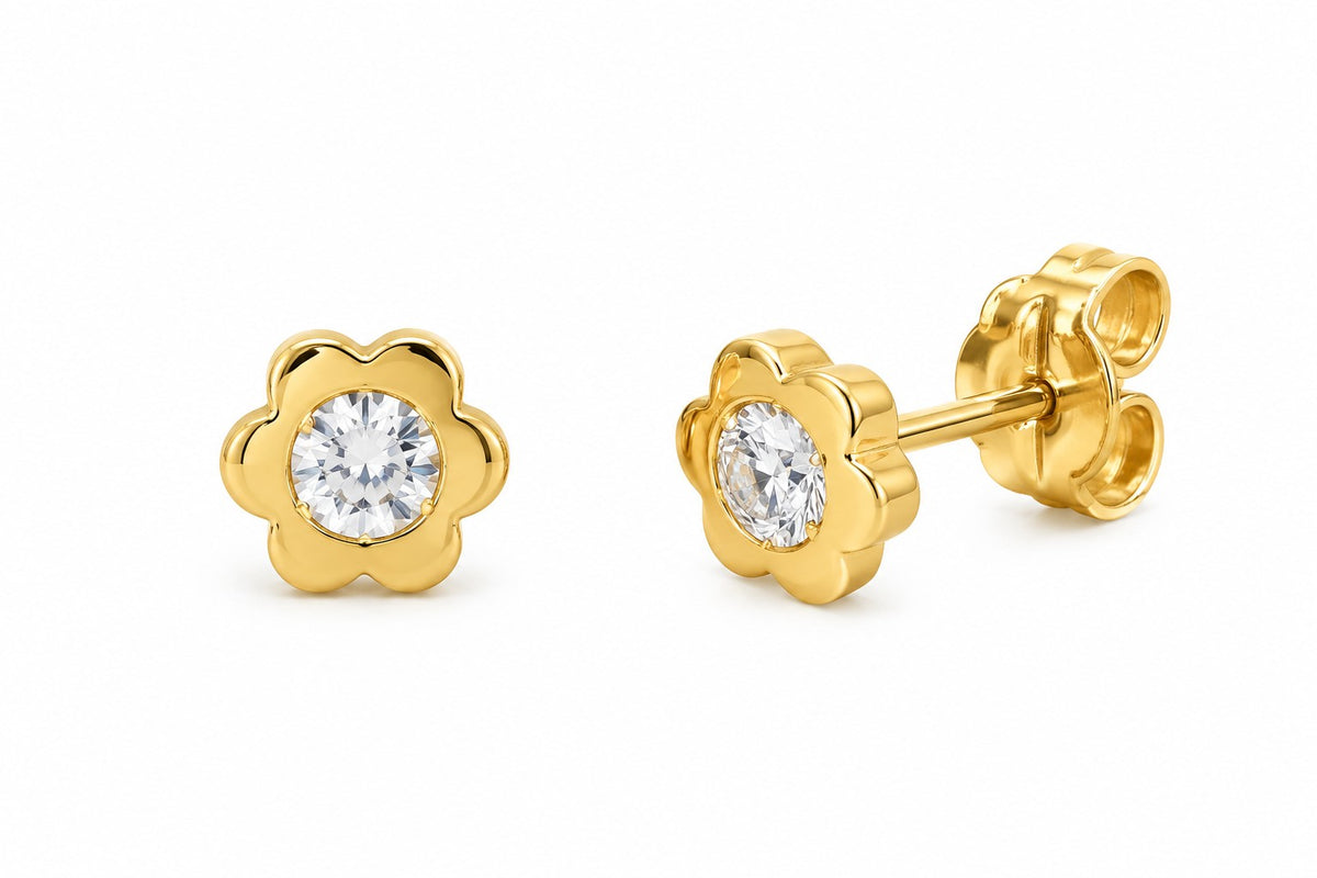 9ct Yellow Gold Cubic Zirconia Flower Stud Earrings