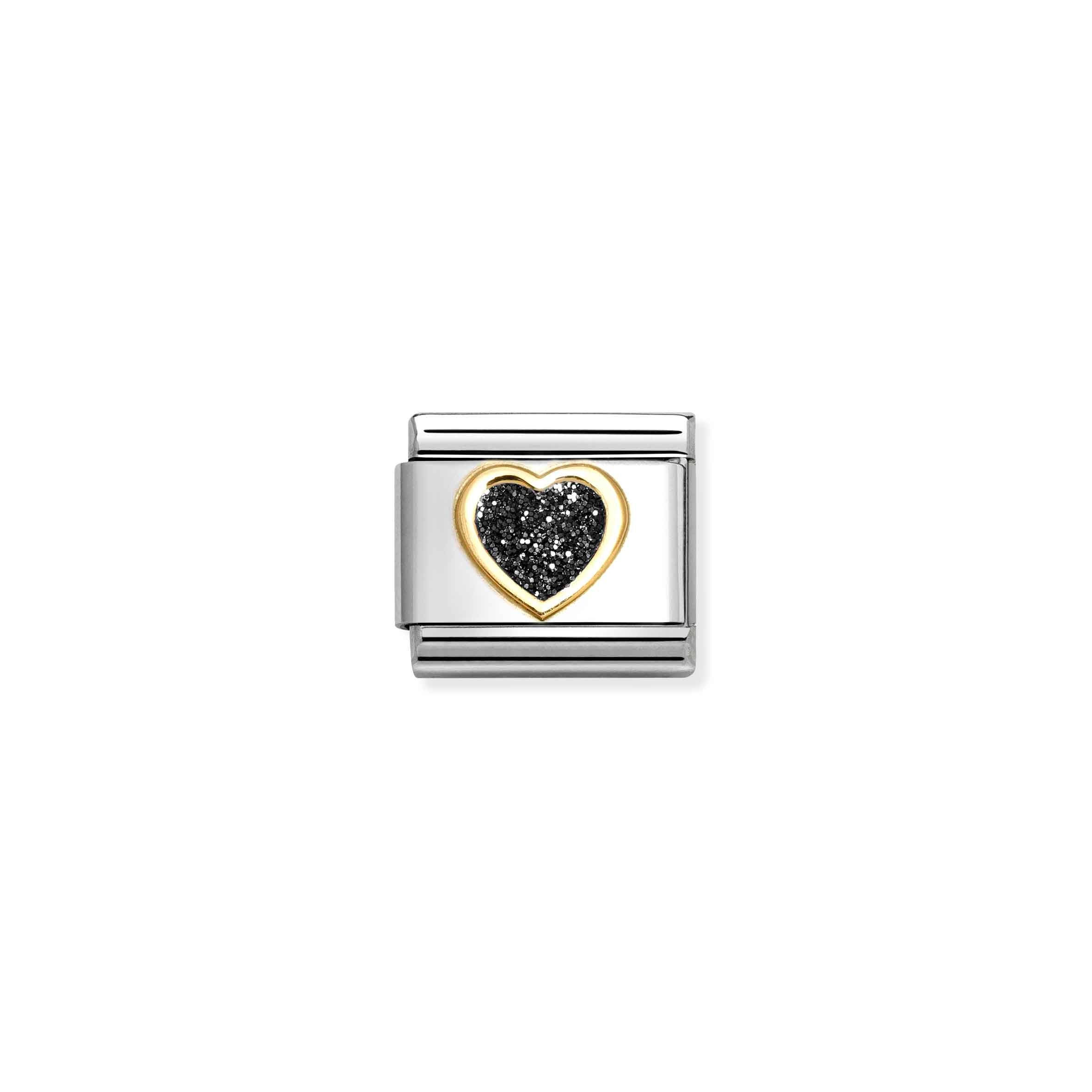 Nomination Composable Classic Black Heart Glitter Charm - Stainless Steel & 18k Gold with Enamel