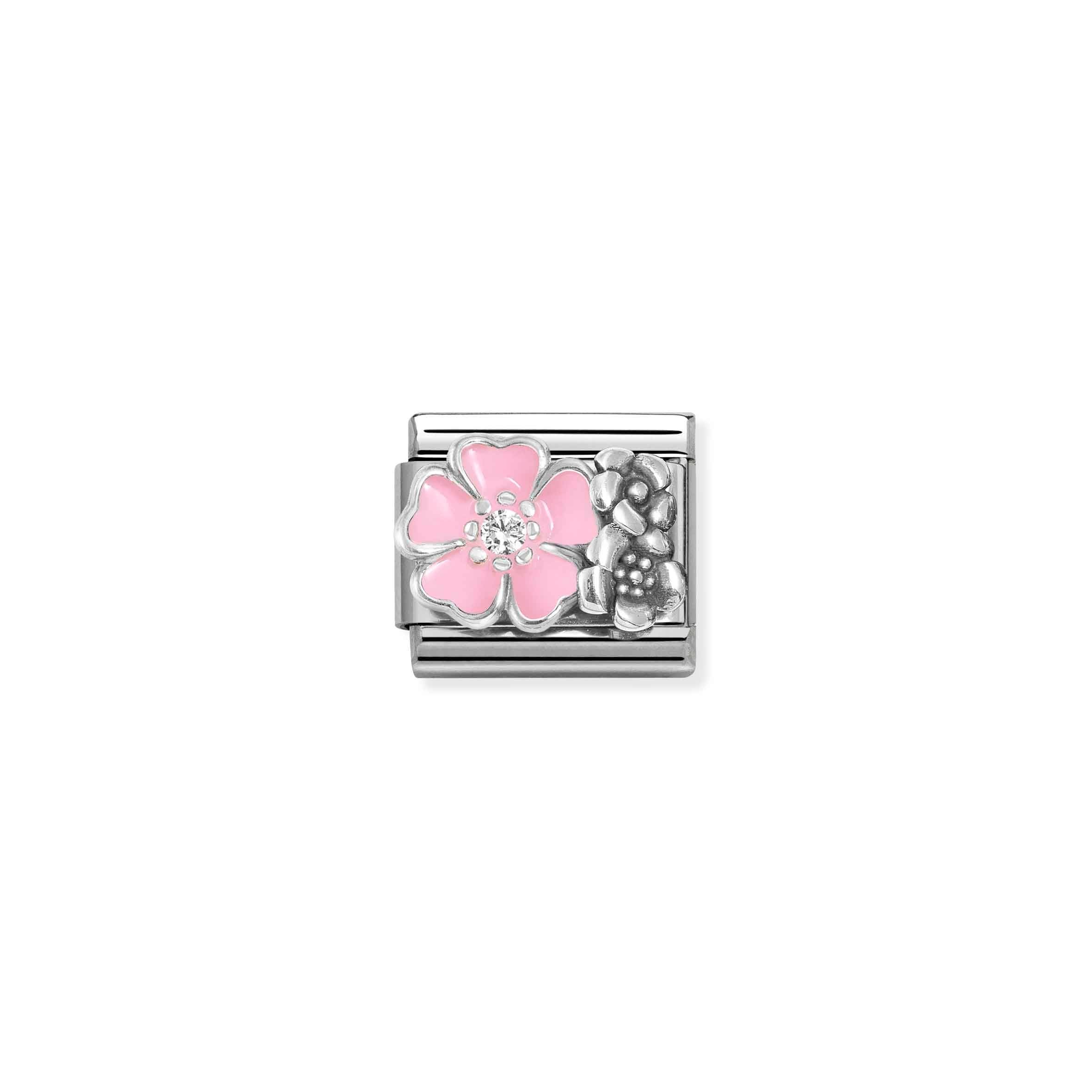 Nomination Composable Classic Rose Flower with Flowers Charm - Stainless Steel & Sterling Silver with Enamel & Cubic Zirconia