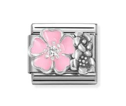 Nomination Composable Classic Rose Flower with Flowers Charm - Stainless Steel & Sterling Silver with Enamel & Cubic Zirconia