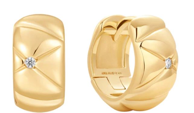 Ania Haie Silver and Yellow Gold Plated Diagonal Textured Hoop Earrings With Cubic Zirconia 10.3 x 8.5 mm