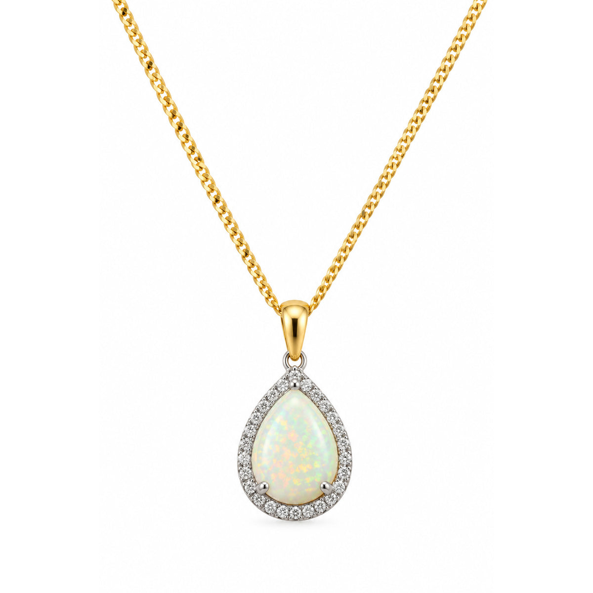 18ct White Gold Pear Shape Opal And Diamond Cluster Pendant With Yellow Gold Bail And 16"-18" Chain