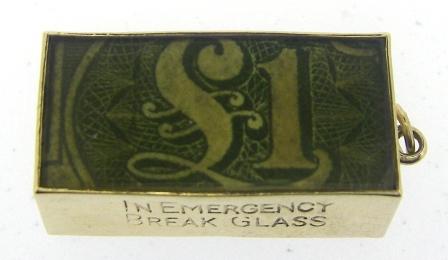 Vintage 9ct Yellow Gold 1 Pound Note Charm 'IN EMERGENCY BREAK GLASS'