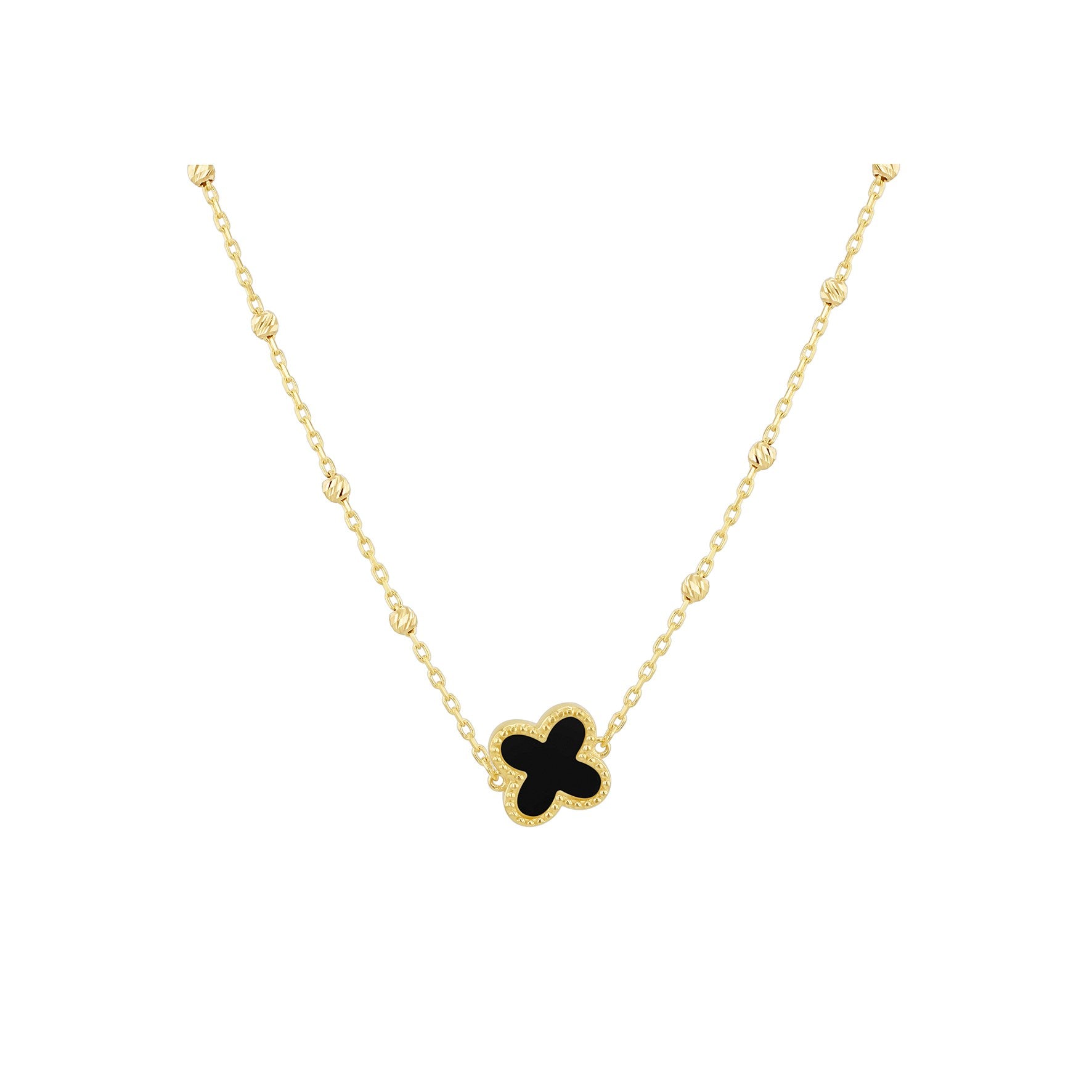 9ct Yellow Gold Black Onyx 'Clover' Diamond Cut Ball Necklace