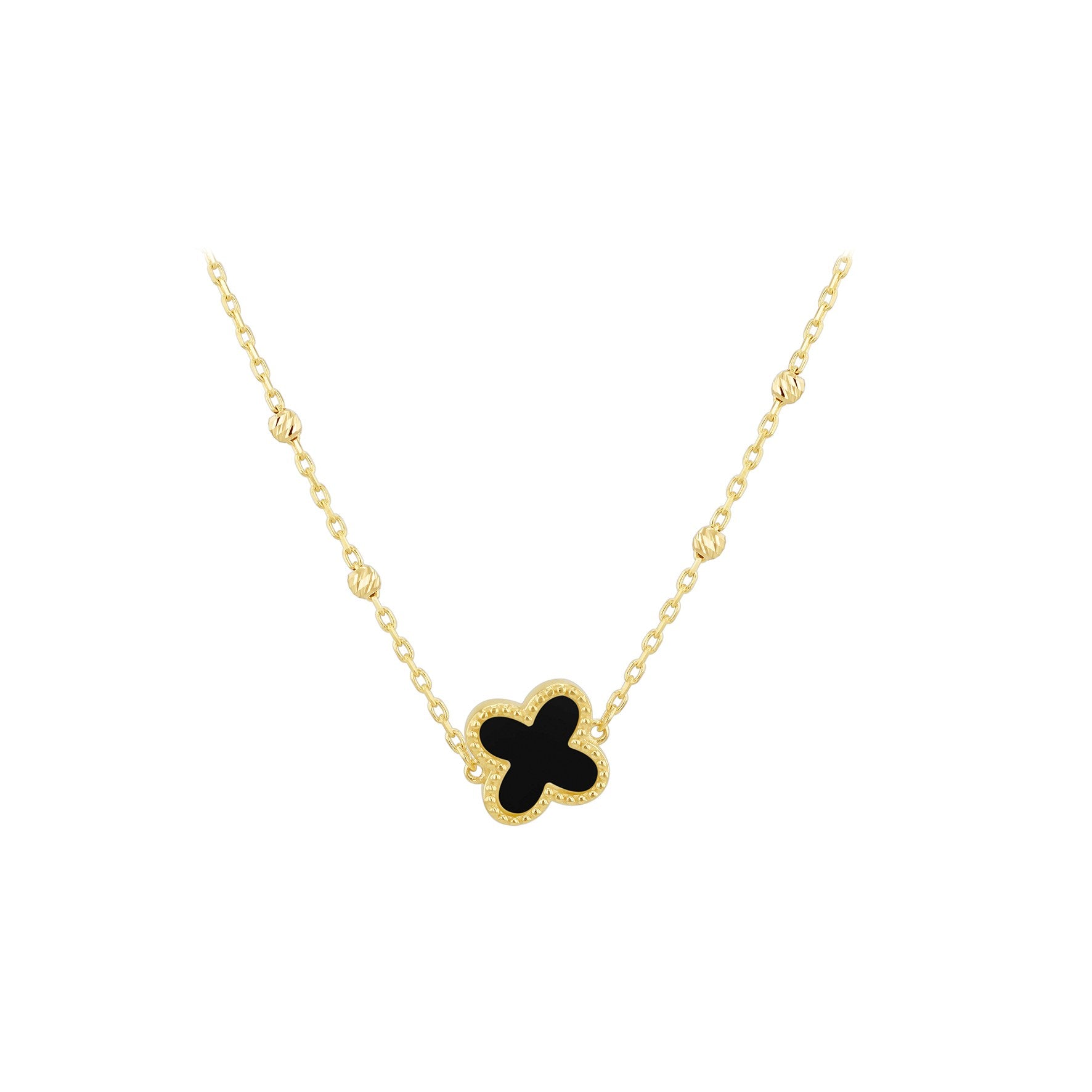 9ct Yellow Gold Black Onyx 'Clover' Diamond Cut Ball Necklace