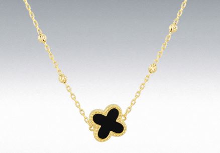 9ct Yellow Gold Black Onyx 'Clover' Diamond Cut Ball Necklace