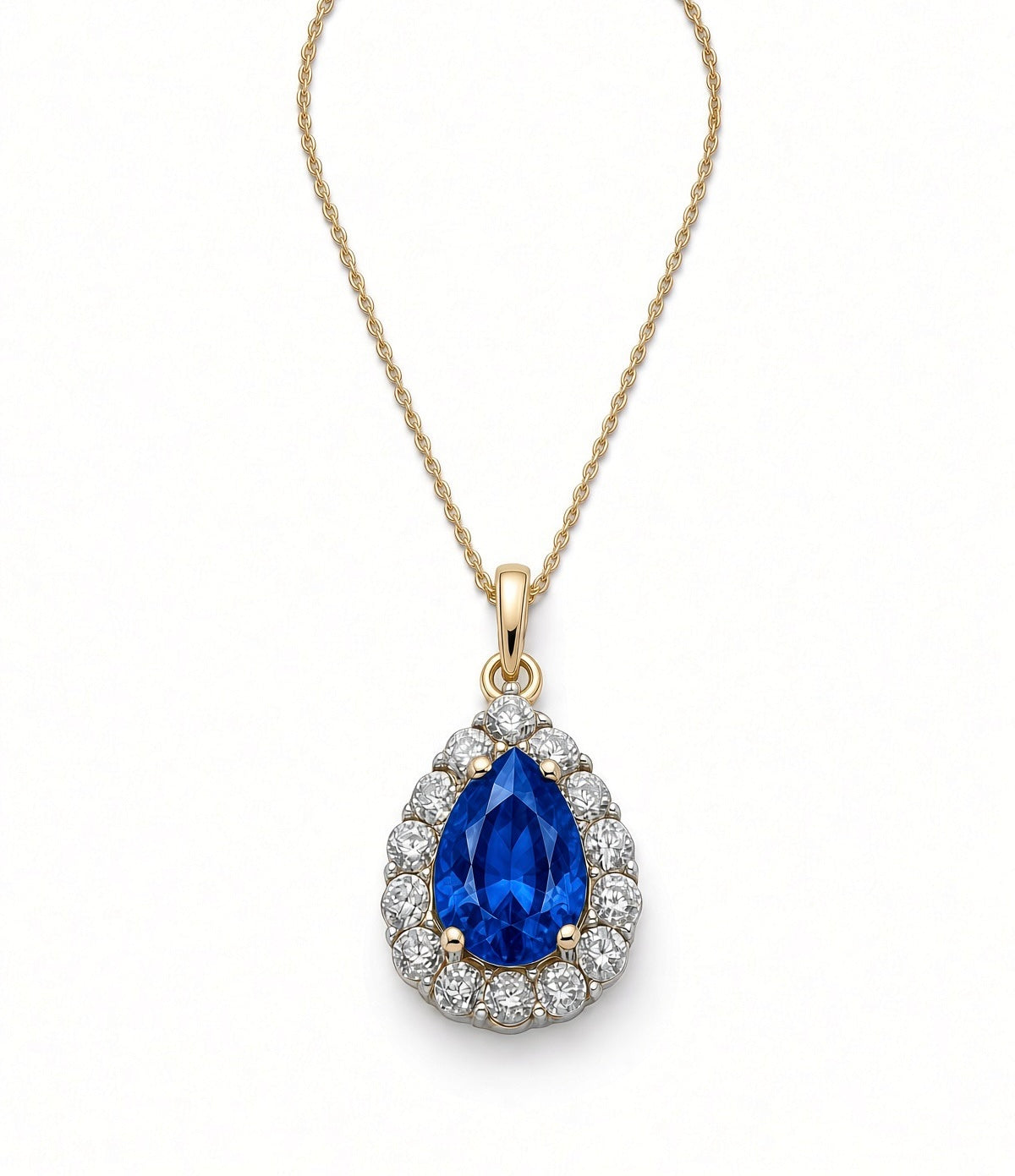 9ct Yellow Gold Created Pear Sapphire And Cubic Zirconia Pendant
