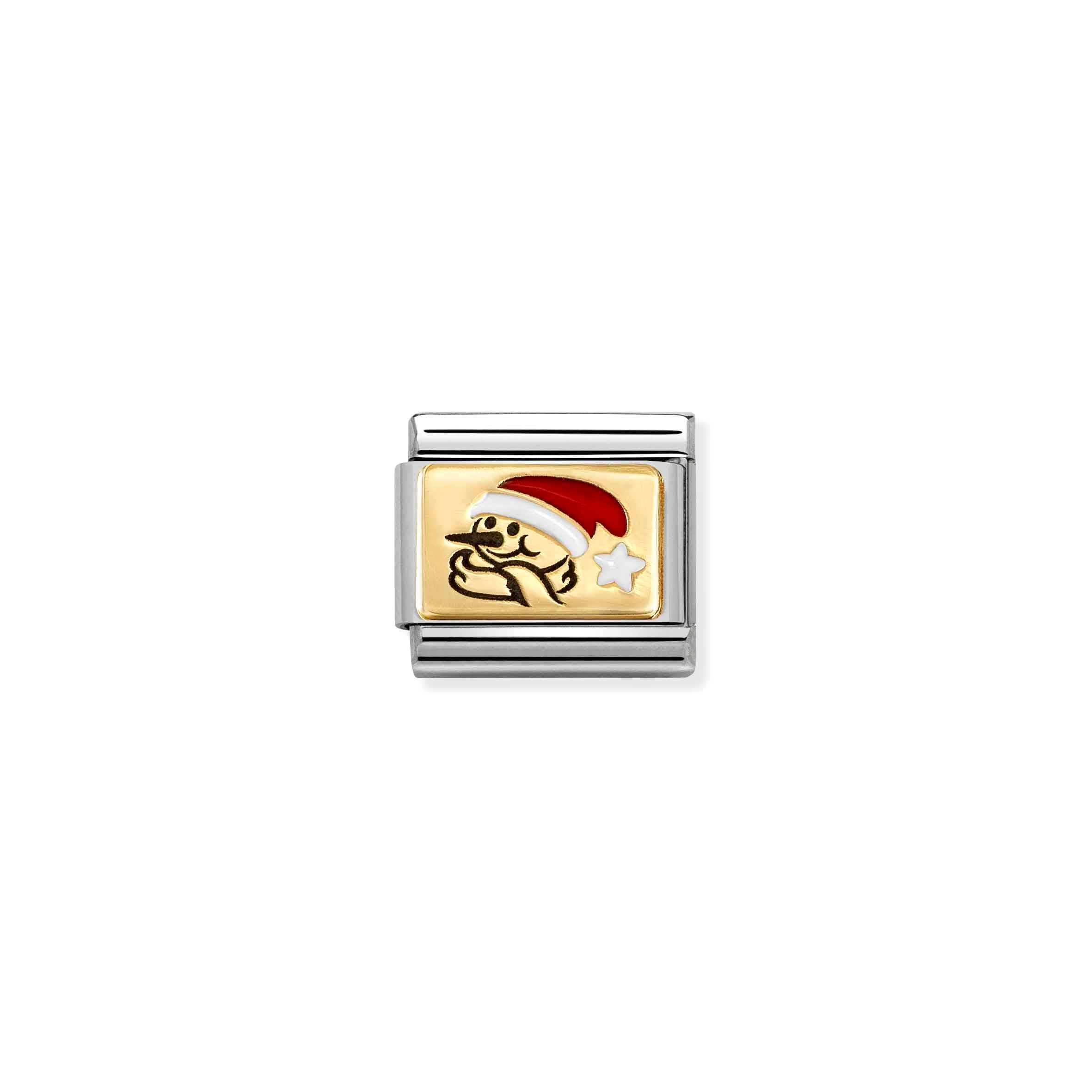 Nomination Composable Classic Snowman with Red Hat Charm - Stainless Steel & Yellow Gold with Enamel