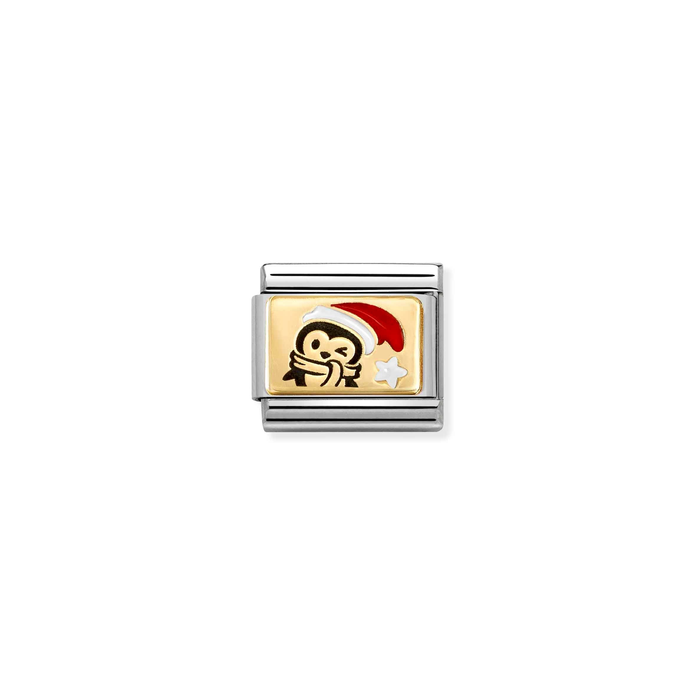 Nomination Composable Classic Penguin with Red Hat Charm - Stainless Steel & Yellow Gold with Enamel