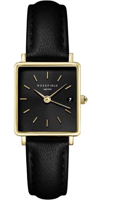 Rosefield Boxy XS Quartz Watch 22x24mm Black Dial with Black Leather Strap